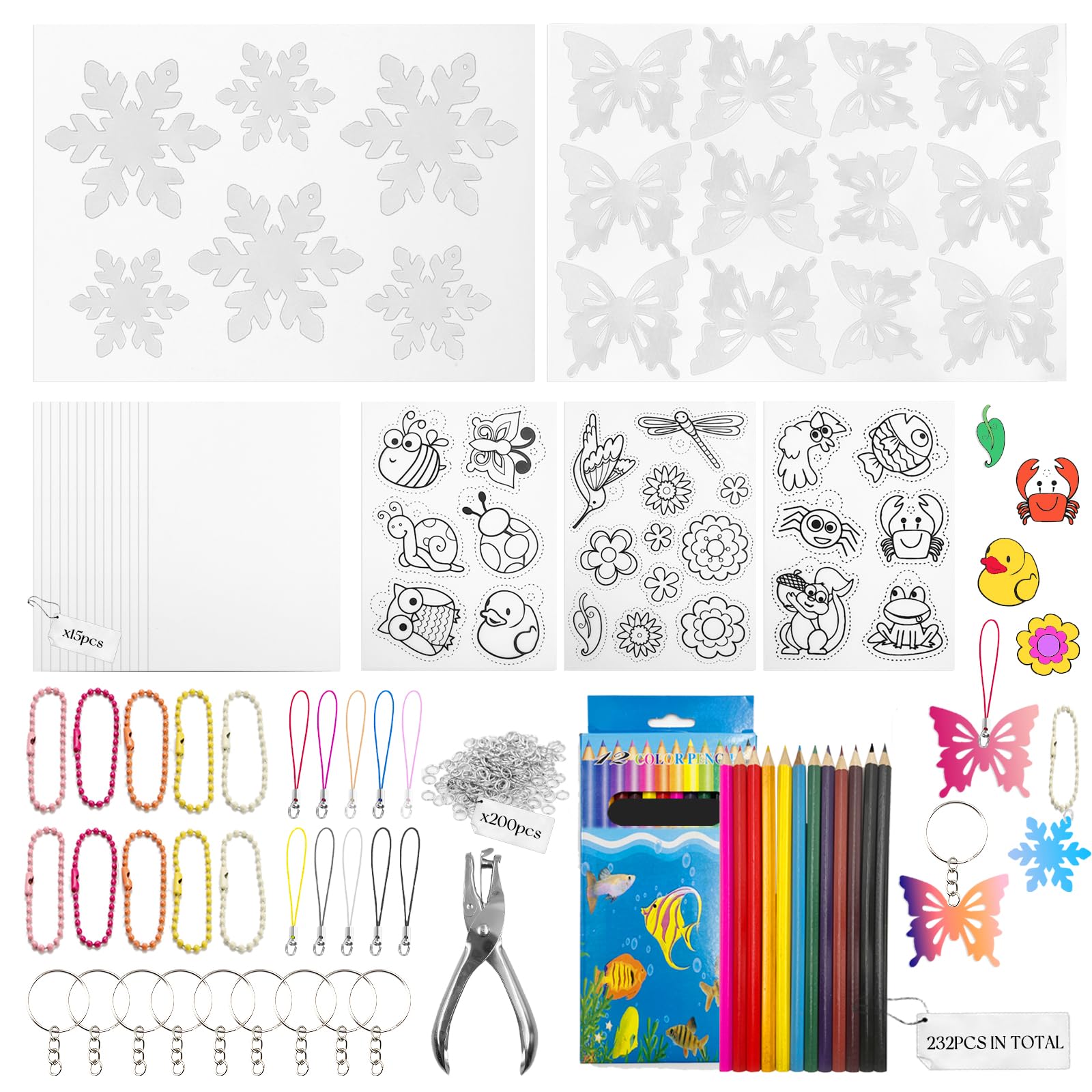 SNAIL GARDEN 263 PCS Heat Shrink Plastic Sheet kit with Hollow Out Snowy and Butterflies Patterned, Shrink Paper with Keychain Kit,Hole Punch,Colored Pencils,Crafts Creative Ornaments