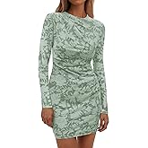 PRETTYGARDEN Women's Fall Bodycon Dresses 2026 Sexy Long Sleeve Ruched Lace Floral Mini Party Dress Tight Club Outfits
