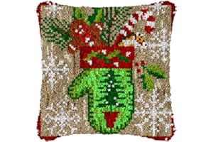 Numptain Latch Hook Kits for Adults,DIY Throw Pillow Cover Christmas Gloves Pattern Color Printed Canvas,Latch Hook Kits for Beginners Handmade Needlework Crafts Home Decoration,17"x17"