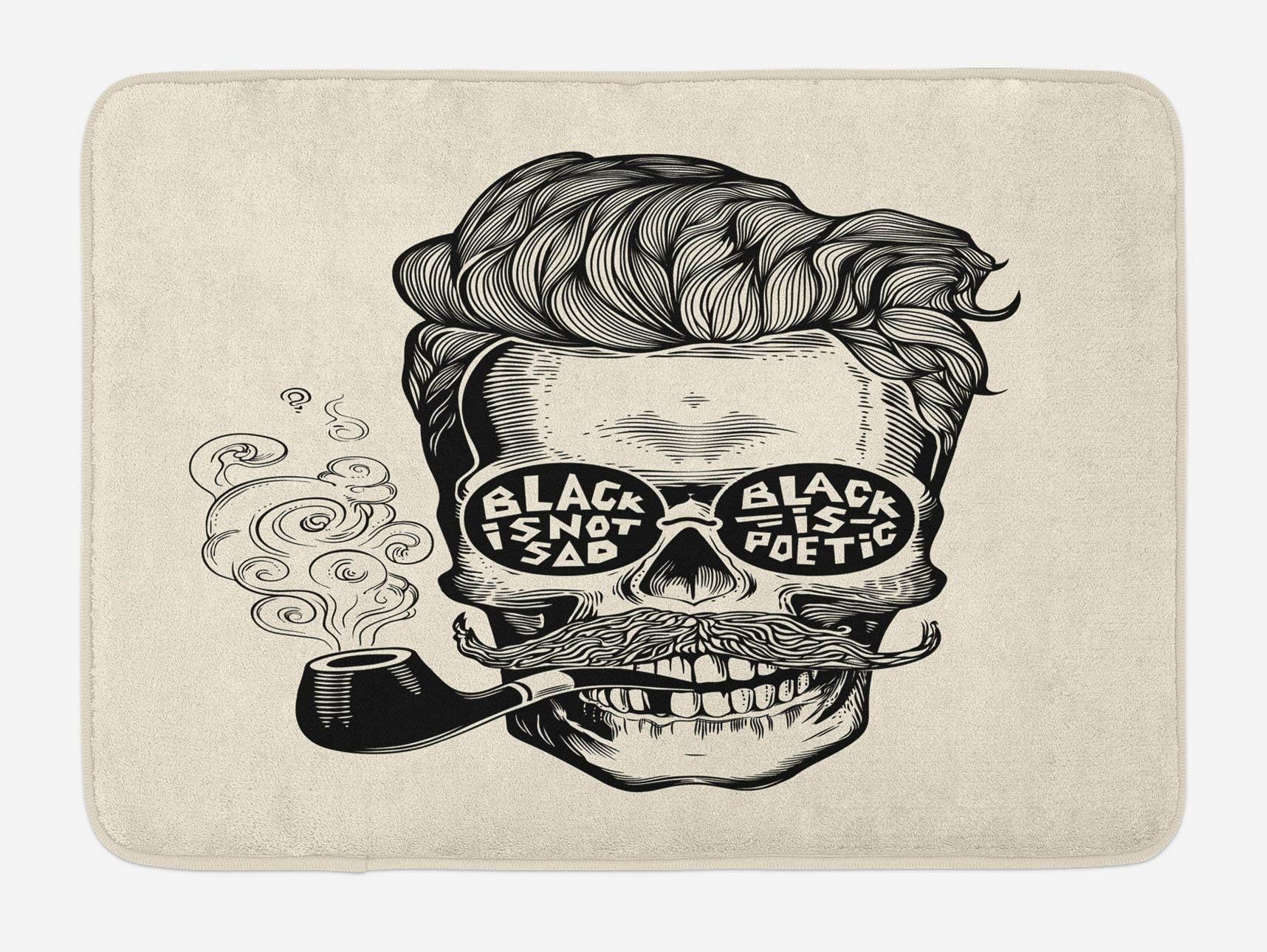 SZZWY Indie Bath Mat Hipster Gentleman Skull with Mustache Pipe and Eyeglasses with Inscription Vintage Plush Bathroom Decor Mat with Non Slip Backing 15.7" X 23.6" Black Cream