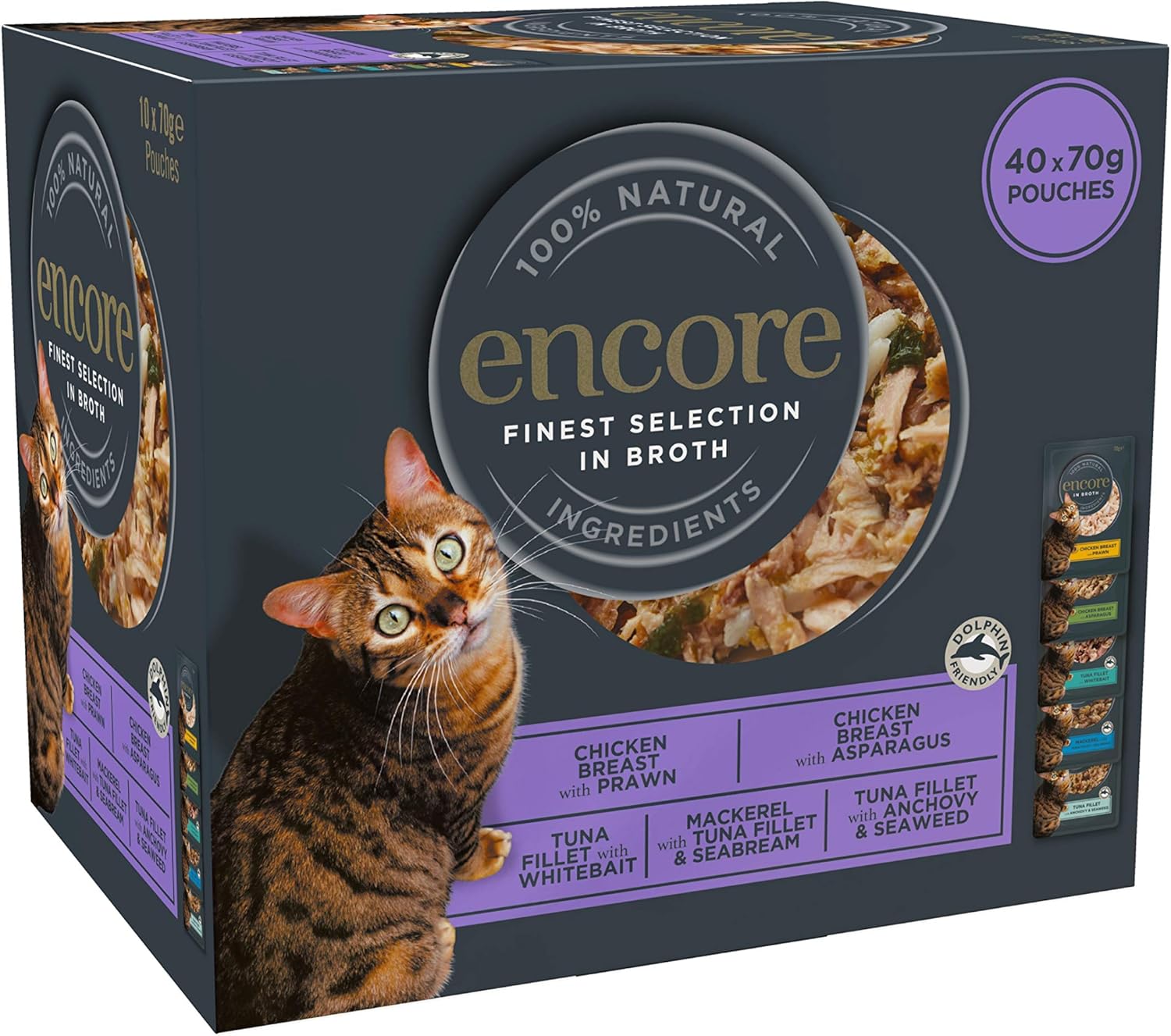 Encore 100 Percent Natural Wet Cat Food Pouch, Chicken and Fish Selection in Broth, 50g Pouch (Pack of 40 pouches)