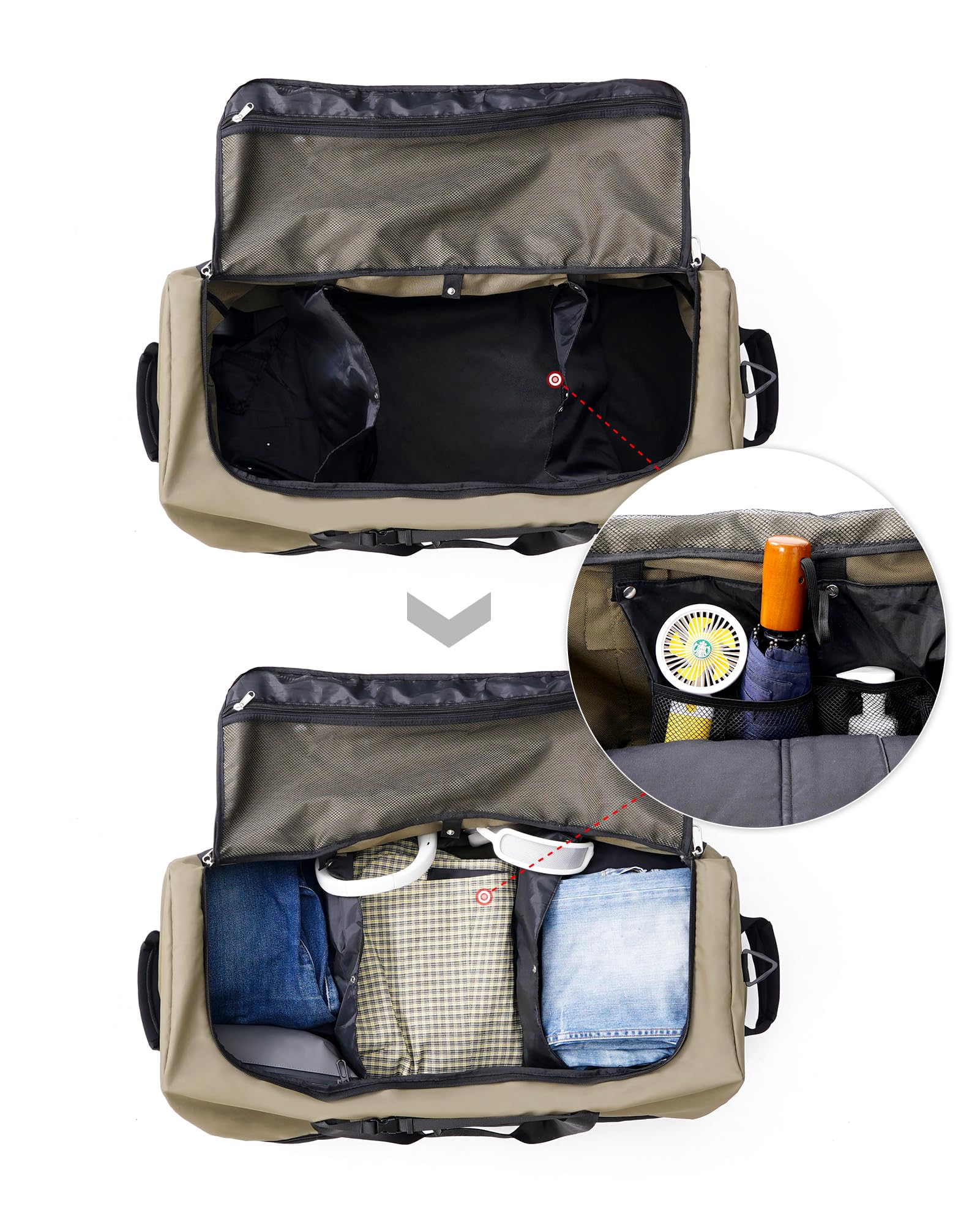 CONTAIL 32”110L Expandable 140L Rolling Duffle Bag with 2 Inline Wheels,Convertible Weekend Travel Bag with Bungee-Cord System,Army Green