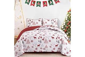 Christmas Quilt Set Queen Size, Reindeer Snowflakes Bedspread Reversible Red Bedding Set Elks Christmas Trees Quilted Coverle