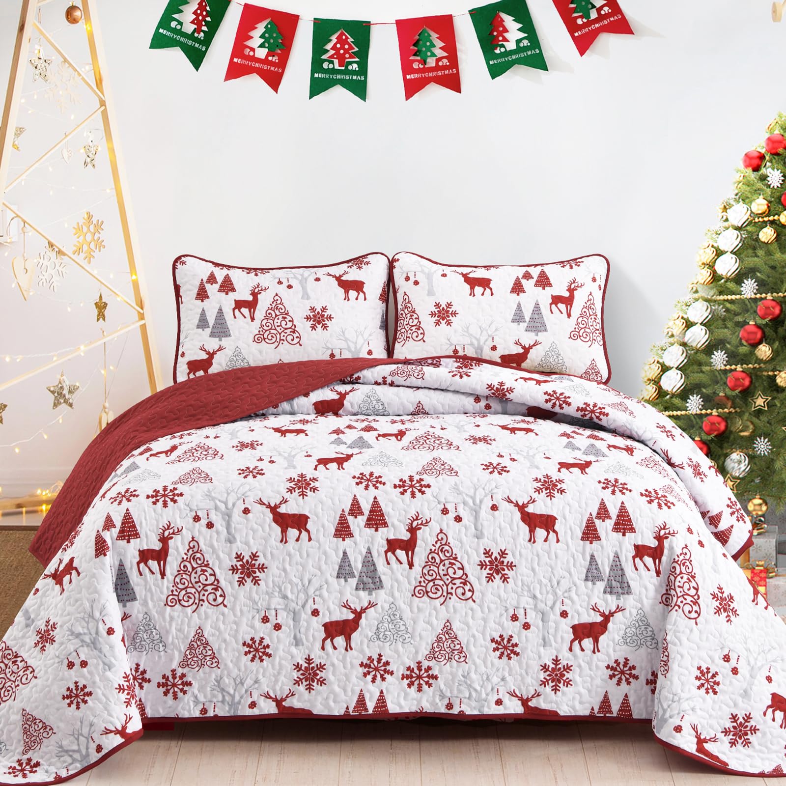 Photo 1 of Christmas Quilt Set Queen Size, Reindeer Snowflakes Bedspread Reversible Red Bedding Set Elks Christmas Trees Quilted Coverlet Set with 2 Pillowcases Queen(90"x 90")