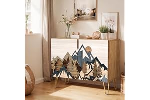 SIGNWIN Sideboard Buffet Cabinet, Kitchen Storage Cabinet with 2 Doors, Wood Panel Mountain Forest Landscapen, Cupboard Console Table for Dining Room - 35" L x 18" W x 29" H