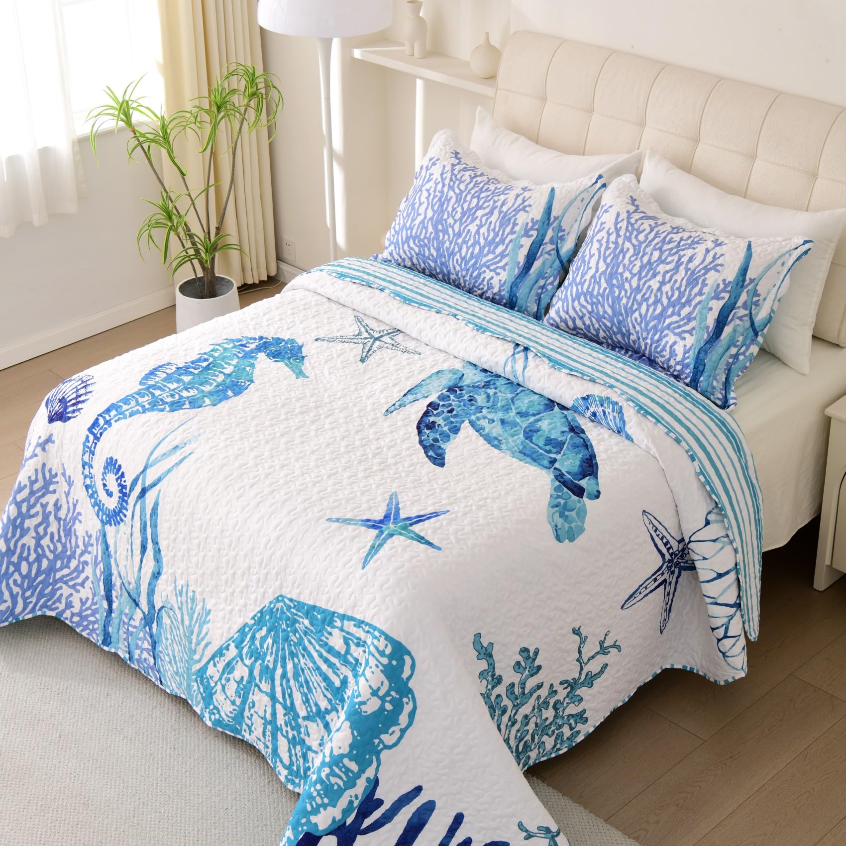 Photo 1 of Full/Queen Coastal Quilt Set 3 Pieces,Reversible Beach Bedspread,Ocean Turtle Coral Seahorse Starfish Printed Bedding for All Season,Summer Quilt Bedding Set with 2 Shams(92”x96”,Blue)