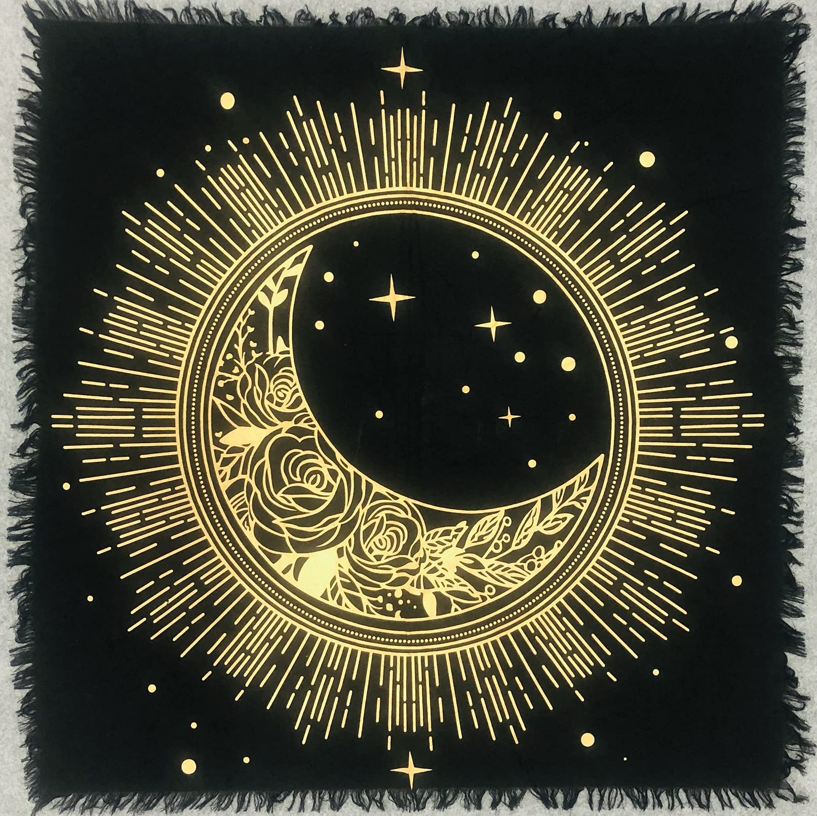 THE ART BOX Altar Cloth Sun Moon & Star – 36x36 Inch Alter Tarot Table Napkins Black Gold Rune Cloth Square Spiritual Celestial Deck Cloth With Fringes