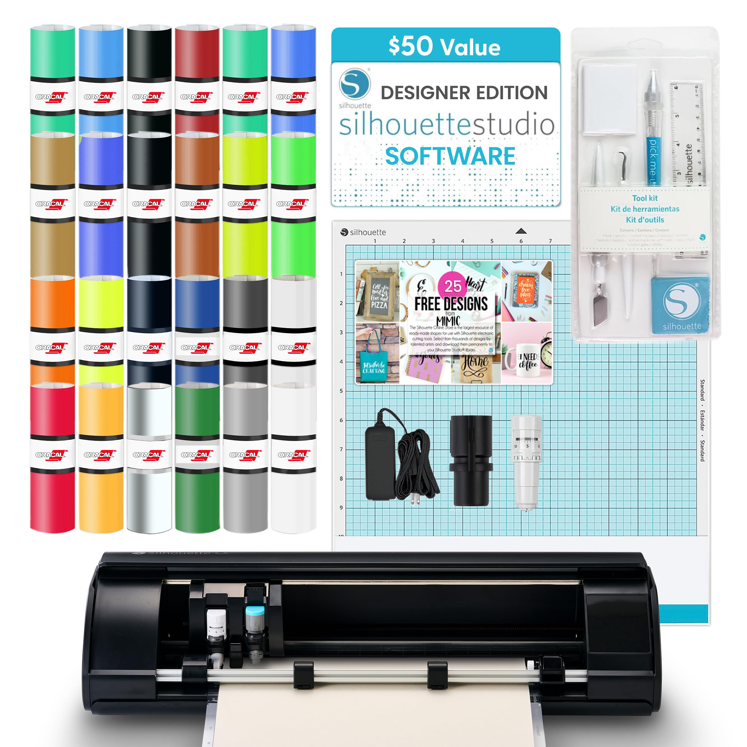 Silhouette America Cameo 5 Alpha (α) Smart Cutting Machine, Matte Black (Starter Bundle) - Includes Designer Software, 24 Oracal Vinyl Sheets, Mat, Tool Kit & 25 Free Designs for DIY Image
