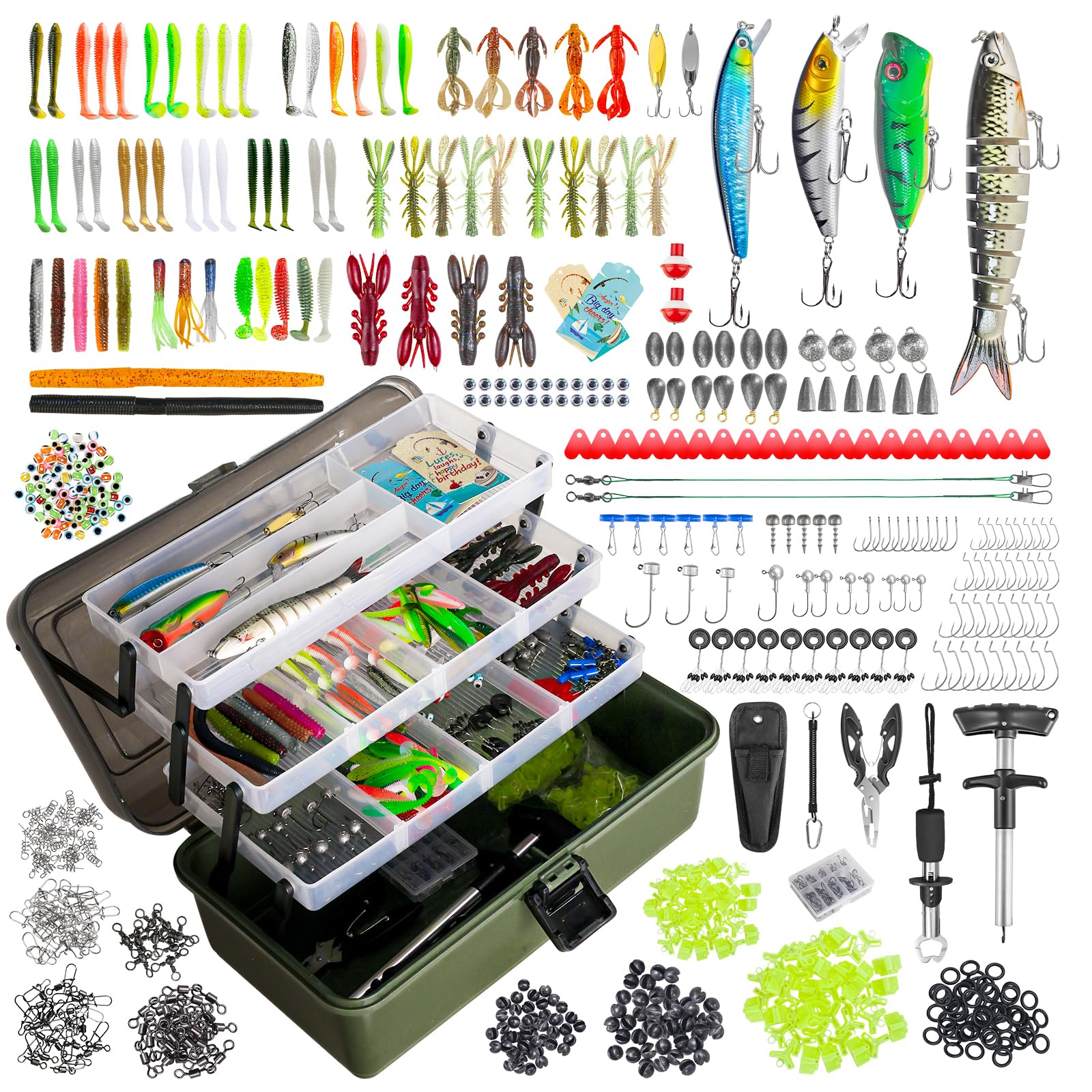Photo 1 of 4 Layers Fishing Tackle Box, 605Pcs Fishing Gear Kit with Lures, Small Tool Kit Containing Clip, Hook Remover, Plier, Accessories, Greeting Cards, Fishing Box for Beginners, Kids, Men, Adults