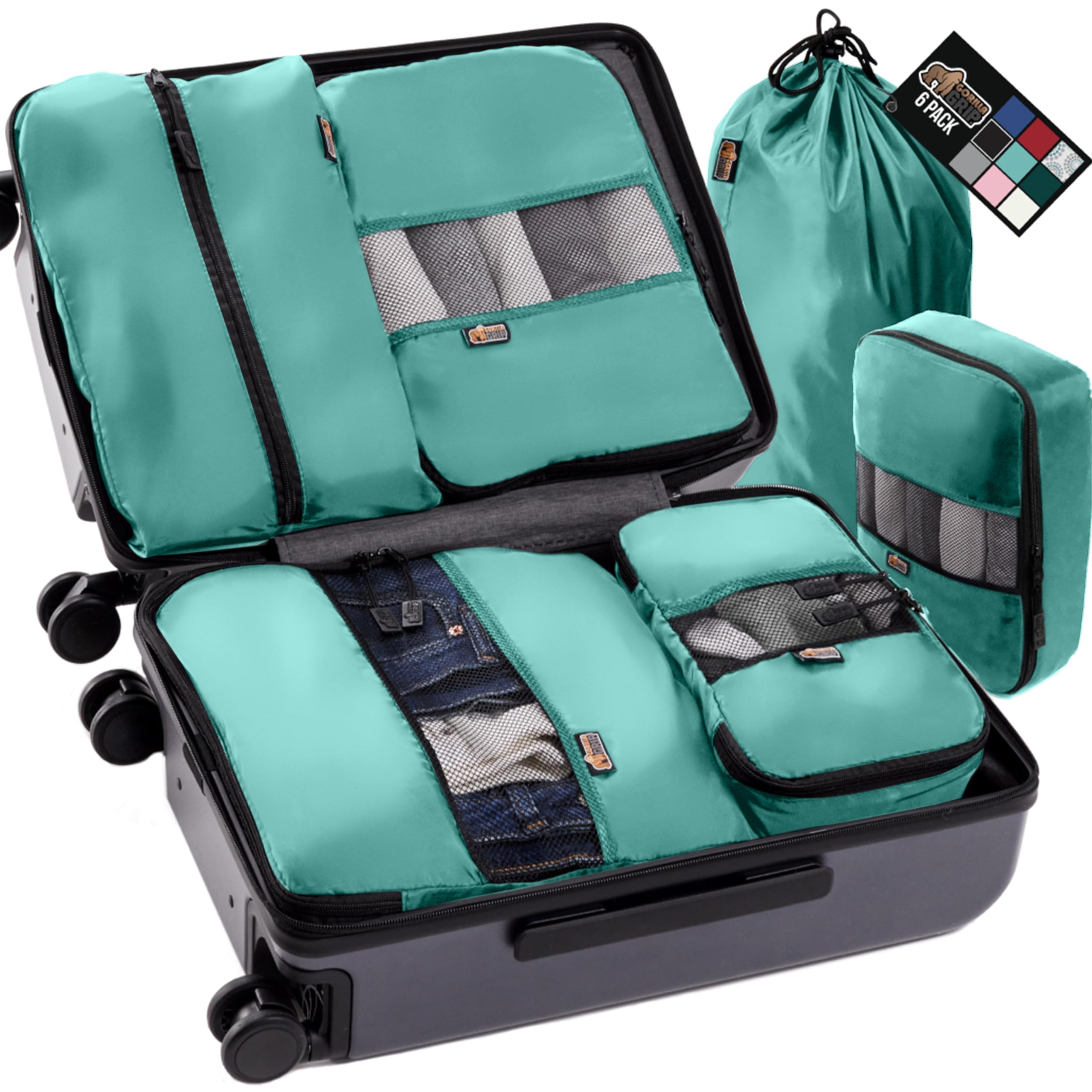 Photo 1 of GORILLA GRIP 6 Set Packing Cubes, Travel Essentials for Suitcase, Mesh Organizer Bags for Clothes Toiletries Shoes and Laundry Luggage and Carry On Airplane Accessories, Traveling Must Haves Turquoise