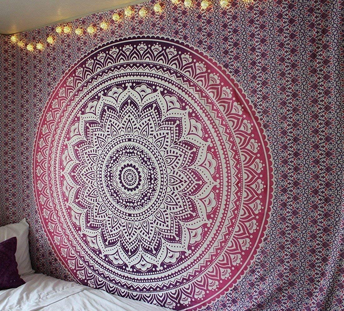 raajsee Large Pink Ombre Mandala Tapestry Wall Hanging, Indian Cotton Beach Throw Blanket, Hippie Elephant Queen Boho Decor, Meditation Yoga Mat Rugs, Queen (82x92 Inches / 208x232 Cms)