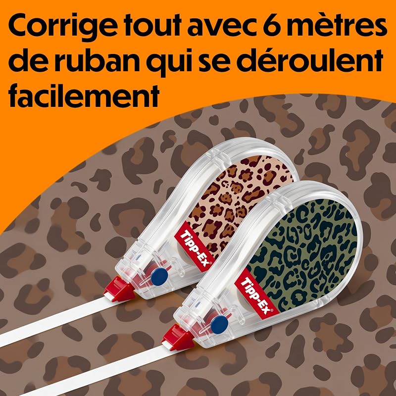 et Tipp-Ex Collection Léopard - Stylos-Bille Pointe Moyenne (1,0 mm), Surligneur Pointe Biseautée, Rubans Correcteurs (6 m x 5 mm) - Motifs Aléatoires, Boîte de 8