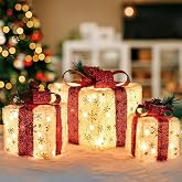 Set of 3 Lighted Boxes, Gold Snowflake | Indoor Holiday Decor