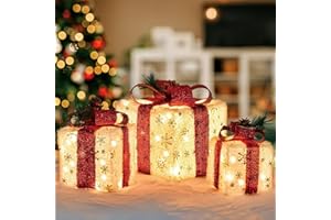 SPRKLINLIN Set of 3 Christmas Lighted Gift Boxes, Pre-lit 60LED Light Up Present Boxes Ornament Outdoor, Boxes with Gold Snowflake, Battery Operated Christmas Decorations for Indoor Home, Party, Lawn Decor