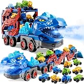 Dinosaur Truck Toys for Kids 3-5 Years with 9 Dino Cars,Spray,Light &amp; Sound | 10 in 1 Large Dino Carrier Trucks with Foldable Track,Birthday Gifts for Toddlers Boys Girls 3 4 5 6 7 8 Years Old