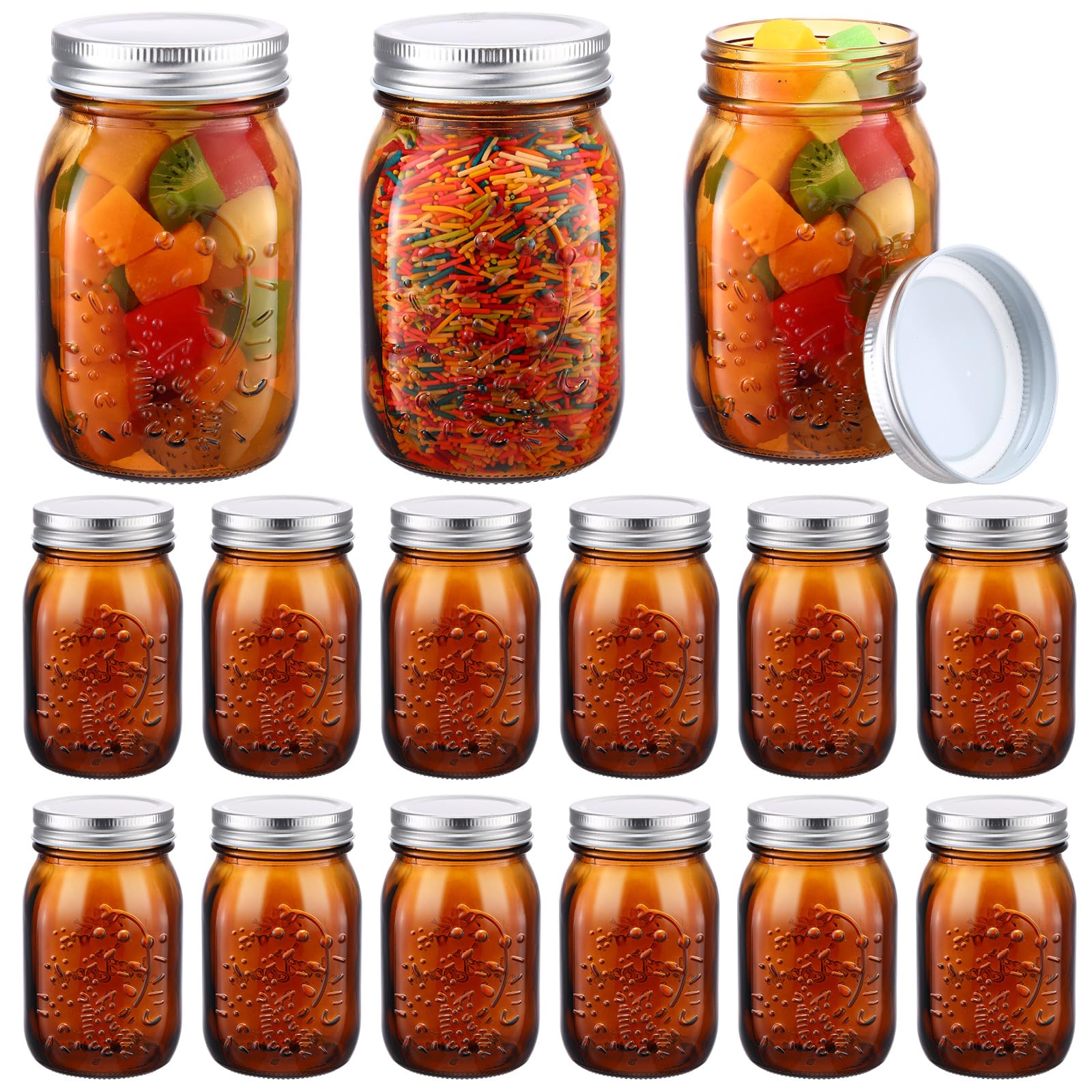 Photo 1 of Yaomiao 12 Pack Amber Mason Jars 16 oz Amber Glass Mason Jars with Airtight Lids Wide Mouth Storage Containers for Canning, Fermenting, Freezing, Pickling, Beverages, Preserving DIY Crafts Decorations