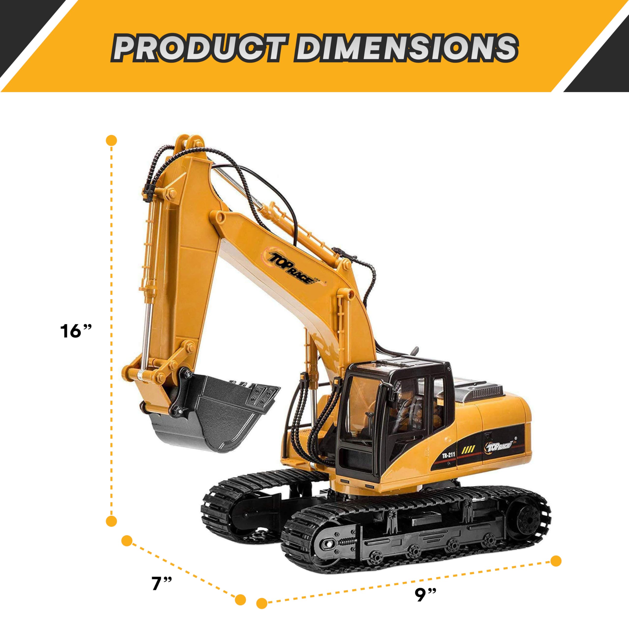 Top Race 15 Channel Full Functional Remote Control Excavator, Remote Control Excavator Toy with 2.4GHz Transmitter and Metal Shovel - 1:14 Scale Battery Powered Construction Tractor for Kids - TR 211