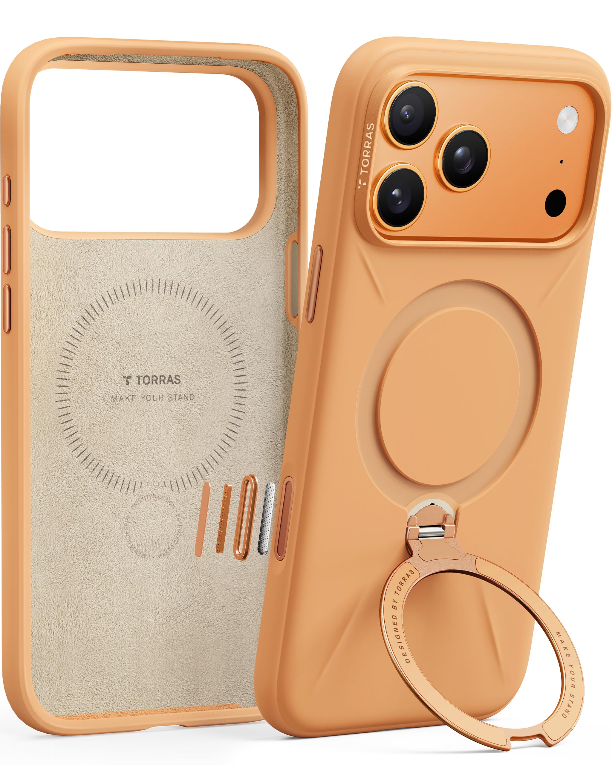 Photo 1 of TORRAS Q3 Silicone 360 Spin for iPhone 17 Pro Case with Stand, Fit for MagSafe, Magnetic Ring Stand with Camera Control, Liquid Silicone Rubber Soft Phone Case for iPhone 17 Pro 6.3'', Pastel Orange