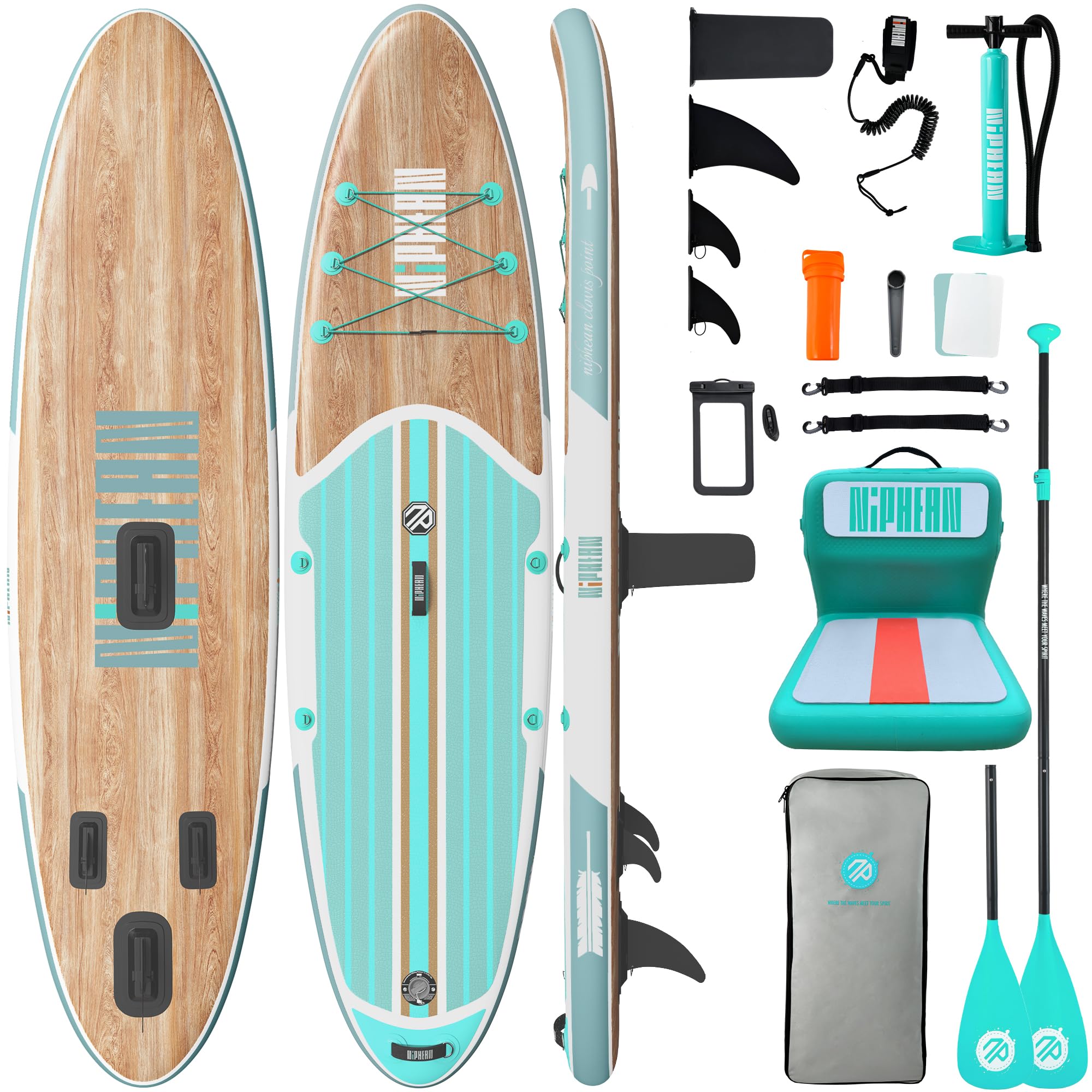 Niphean Inflatable Stand Up Paddle Board with SUP Accessories,Mint Wood