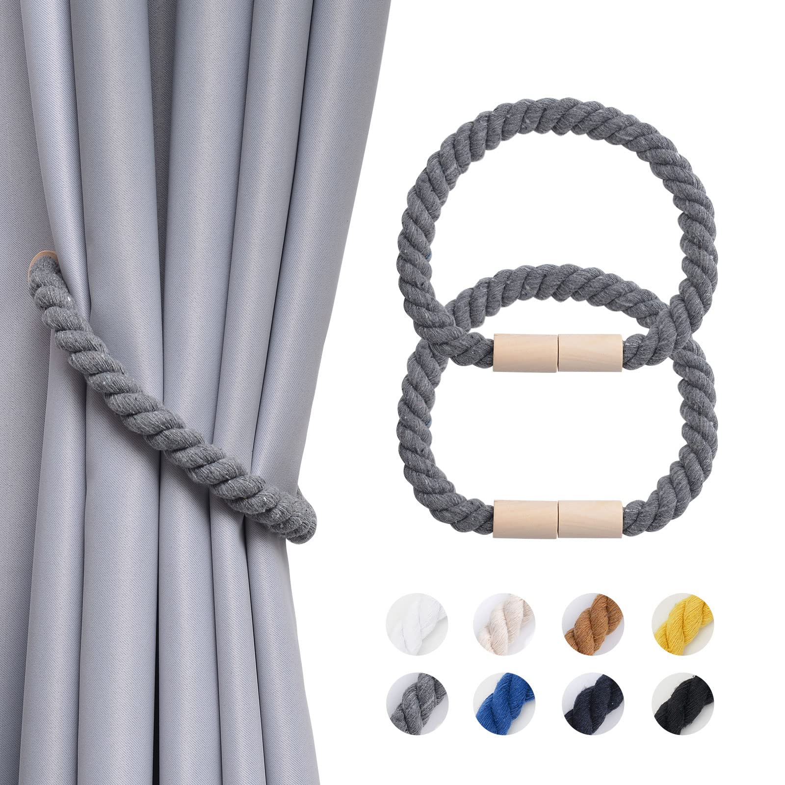 Pretty Jolly 2 Pack Wooden Magnetic Curtain Tiebacks Boho Home Decoration Drape Tie Backs Natural Cotton Handmade Rope Curtain Holdbacks for Thin or Thick Home & Office Window Drapery (Grey)