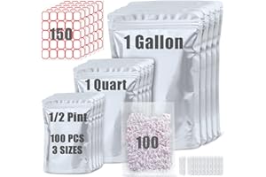 100 Pack Mylar Bags for Food Storage with 100x300cc Oxygen Absorbers - 9 Mil 10"x14", 9Mil 6"x9", 9Mil 4.3"x6.3" - Resealable