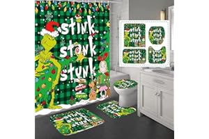 BATERZO 4 Pcs Christmas Shower Curtain Sets with Non-Slip Rugs, Toilet Lid Cover and Non-Slip U Shape Bath Mat, Christmas Bathroom Decor with 12 Hooks Xmas Holiday Home Decor(Green)