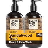 Every Man Jack Beard + Face Wash for Men, Sandalwood Teak, 6.7 fl.oz (2 Pk) | Gently Cleanse Skin &amp; Beard, Relieves Flakes &amp; Itch, Naturally Derived Glycerin and Aloe Nourishes, Beard Shampoo