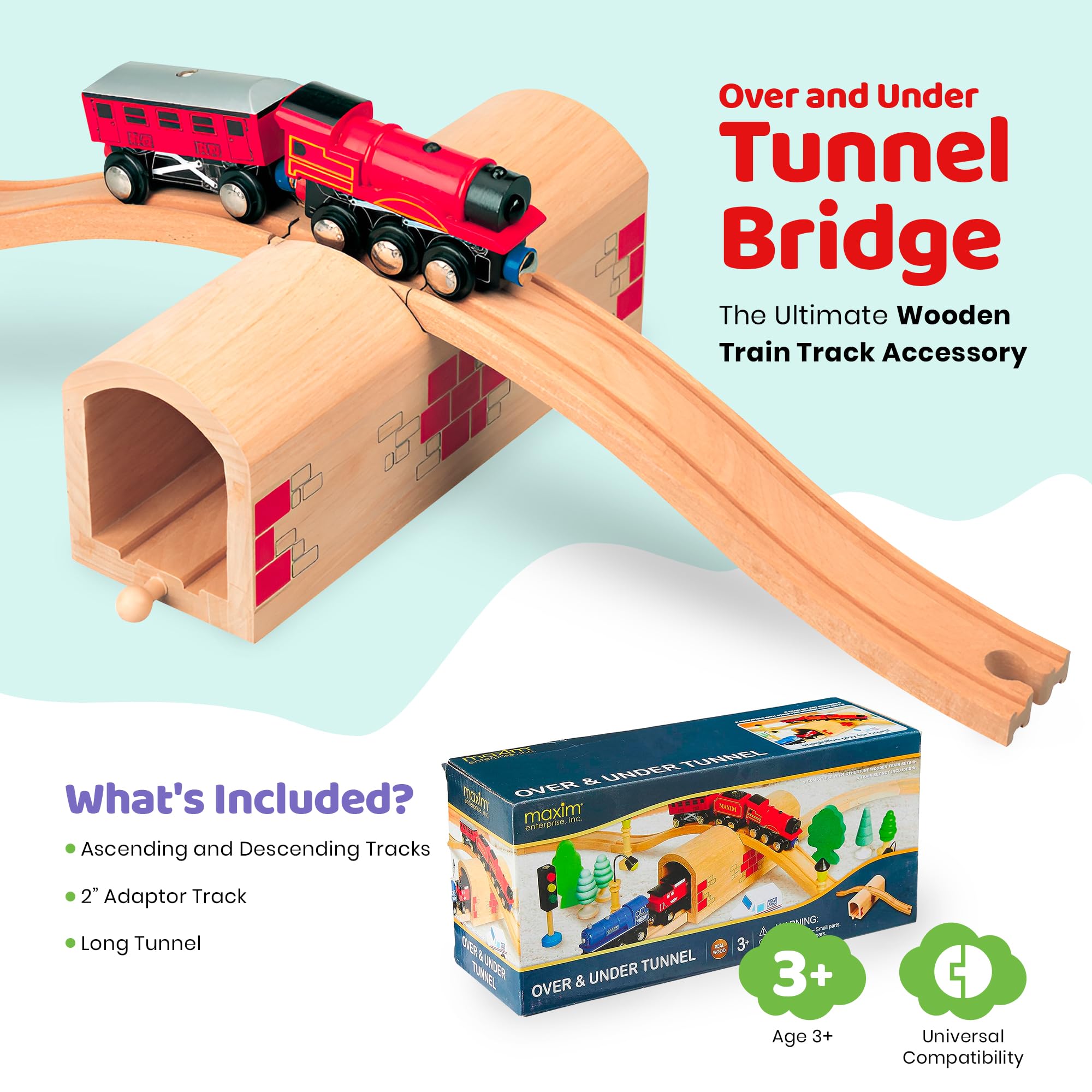 inc. Wooden Train Track Over & Under Tunnel Bridge & Easy-Connect Railway, Hardwood Train Set Compatible with Thomas and Friends, BRIO, Major Brand Wooden Train Sets and Accessories