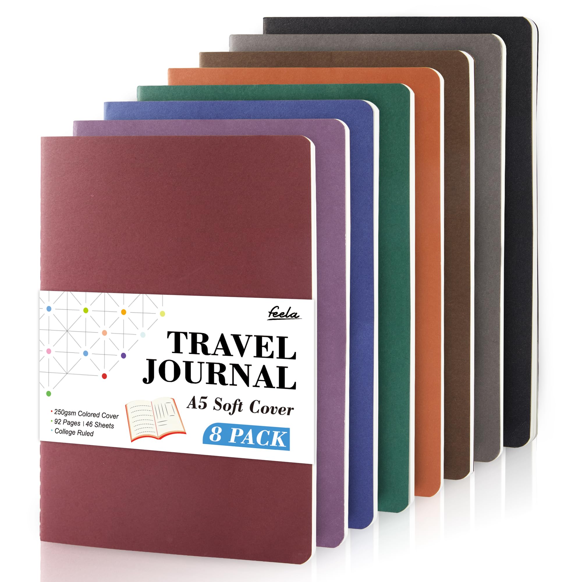 Feela 8 Pack Soft Cover Notebooks A5 Lined, Journal Notebooks College Ruled, Lined Travel Journal for Women Men, Note Taking Study Notepad School Supplies, Exercise Writing Note Books, Vintage Colours — image 1