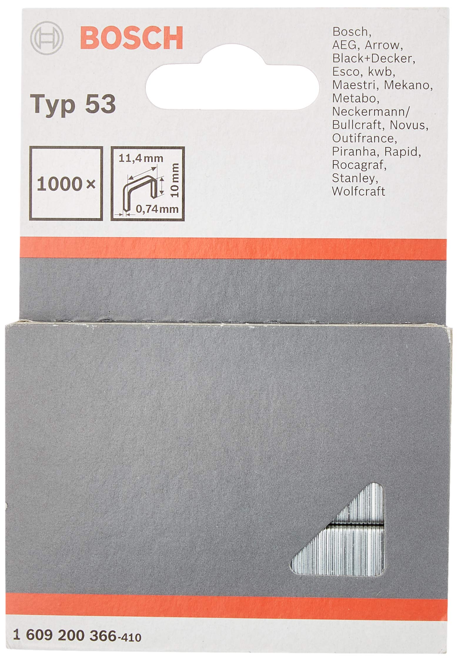 Bosch Professional 1000x Fine Wire Staple Type 53 (Natural Materials, Textiles, Carton, 11.4 x 0.74 x 10 mm, Accessories Tacker, Staple Gun)