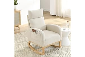 JEEOHEY Rocking Chair Nursery, Modern Glider Chair for Nursery with Solid Wood Legs,Upholstered Rocker Arm Chair with Two Side Pockets for Living Room Bedroom(Fabric-Beige)