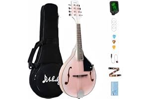 Mulucky A Style Mandolins Instrument, 8 String Acoustic Mandolin with Beginner Kit for Adults Kids, Case, Tuner, String, Picks - Pink