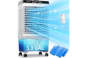 AKIRES Swamp Cooler,1800CFM Evaporative Air Cooler Portable with 5.3-Gal Water Tank,120° Wide Oscillation,4 Ice Packs,12-H Timer,Cooling Tower Fans that Blow Cold Air for Bedroom Indoor Room (31IN)