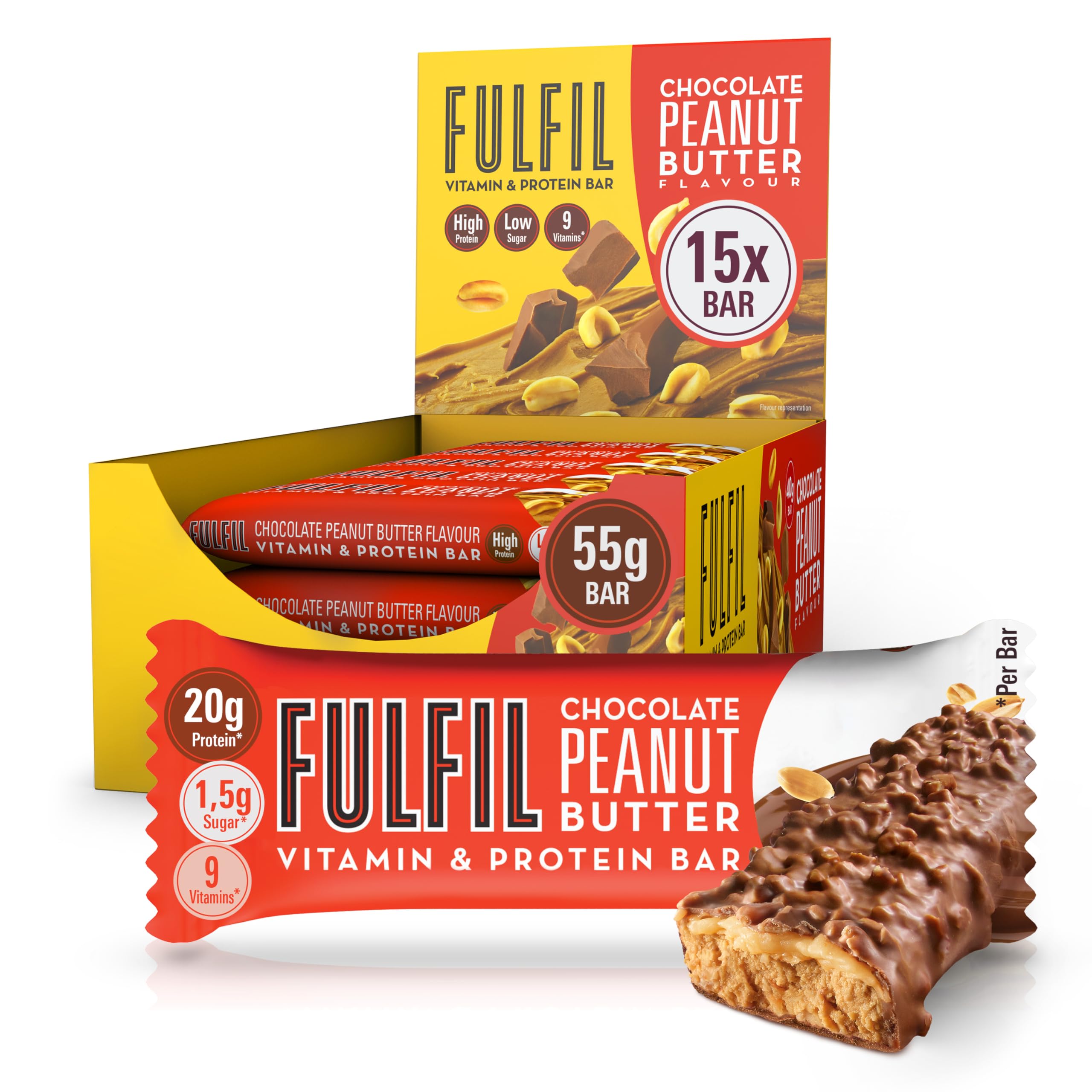 Fulfil Vitamin and Protein Bar (15 x 55 g Bars) — Chocolate Peanut Butter Flavour — 20 g High Protein, 9 Vitamins, Low Sugar