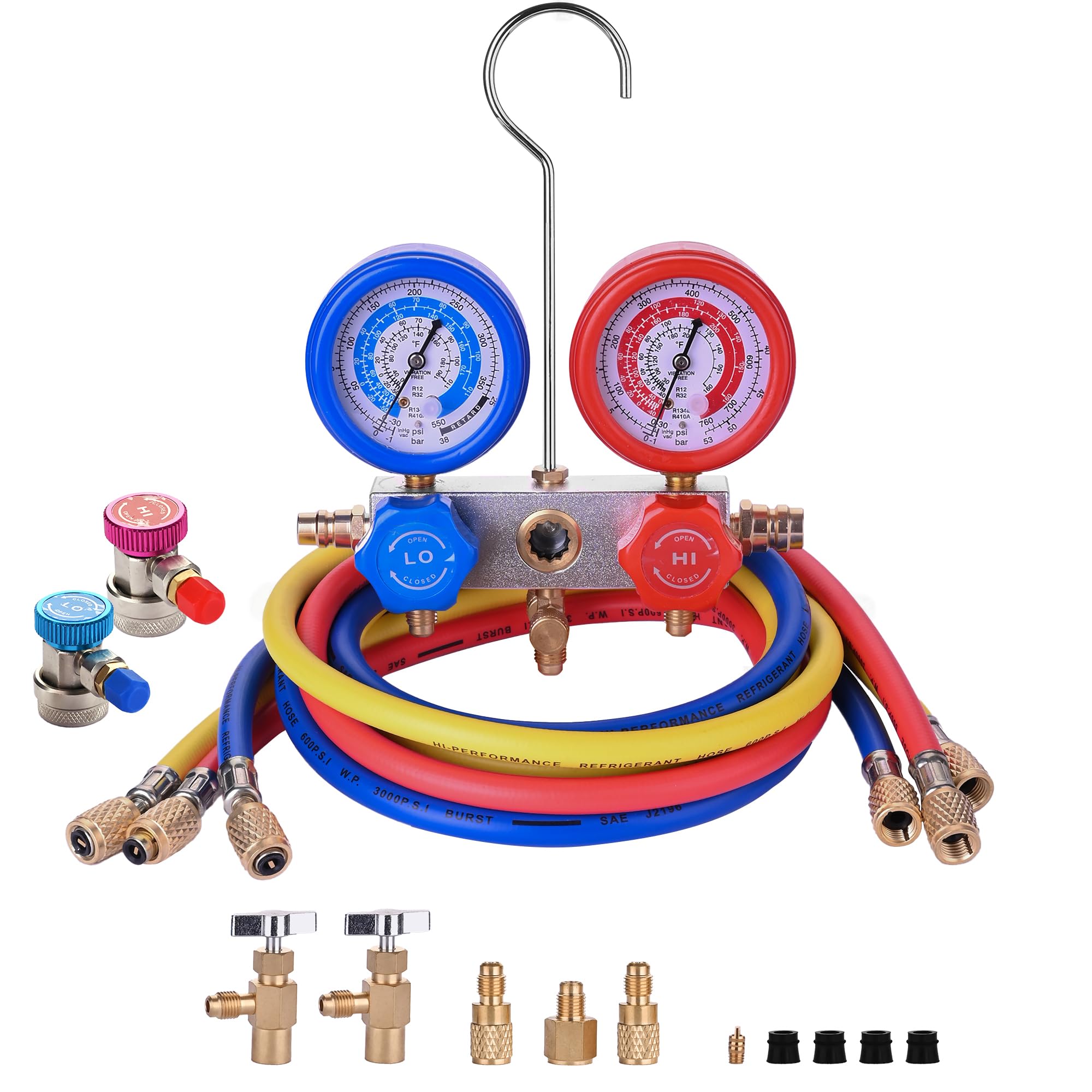 Photo 1 of BACOENG AC Gauge Set for R32 R134a R410a R12, Automotive A/C Refrigerant Recharge Kit HVAC Manifold Gauge Set with 5FT Hoses, Quick Couplers, Puncture and Self Sealing Can Tap