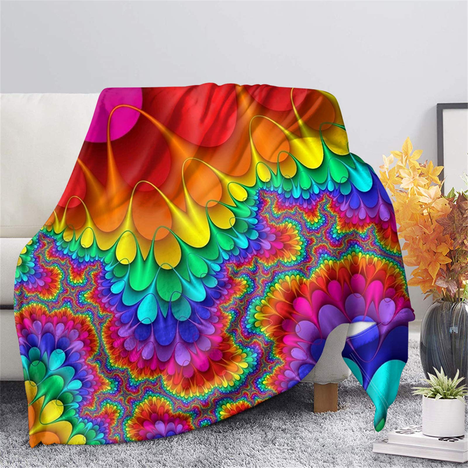 HUGS IDEA Fleece Blanket Throw, Abstract Multicolor Rainbow Drops Fashion Tie-dye Soft Plush Flannel Blanket Throws, Twin King Queen Size, Basic Size & Full Size Blanket Throw - XL
