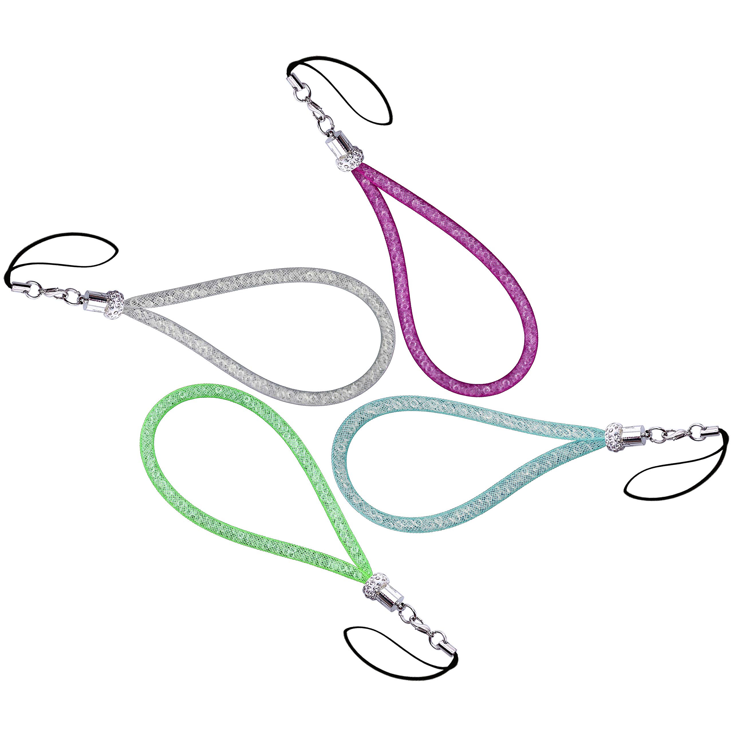 MOTIVE LIFE Lanyard with Fishnet Tube Filled with Sparkly Rhinestones(pack of 4),Bling Wrist Strap for Phone,Camera,ID Badge and USB Key,Short,Blue-White-Green-Red