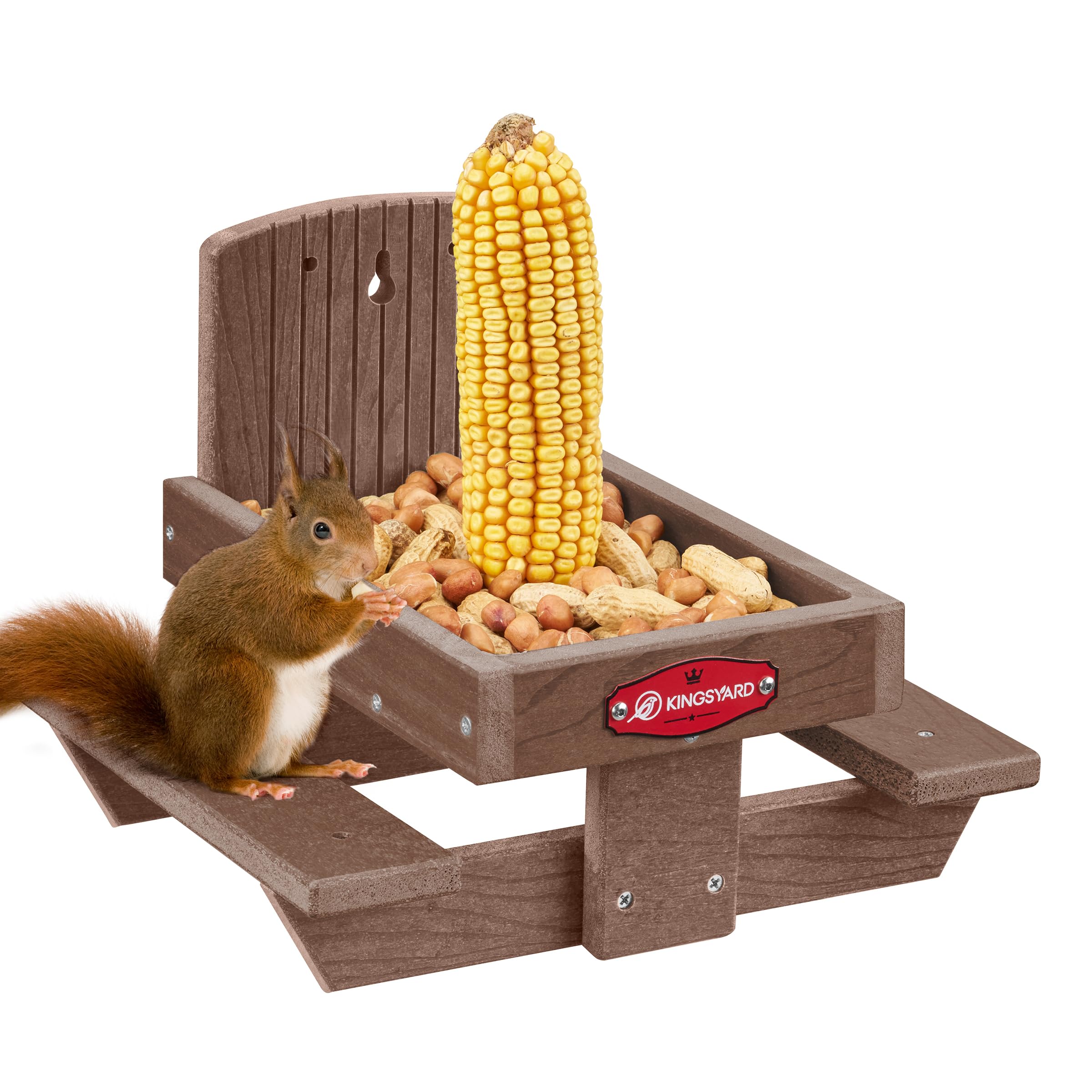 Photo 1 of ***MISSING THE PART TO HANG IT*** Kingsyard Squirrel Feeder Table for Outside, Recycled Plastic Squirrel & Chipmunk Picnic Table Feeder with Corn Cob Holder, 2 x Solid Structure Benches, Easy to Clean (Brown)