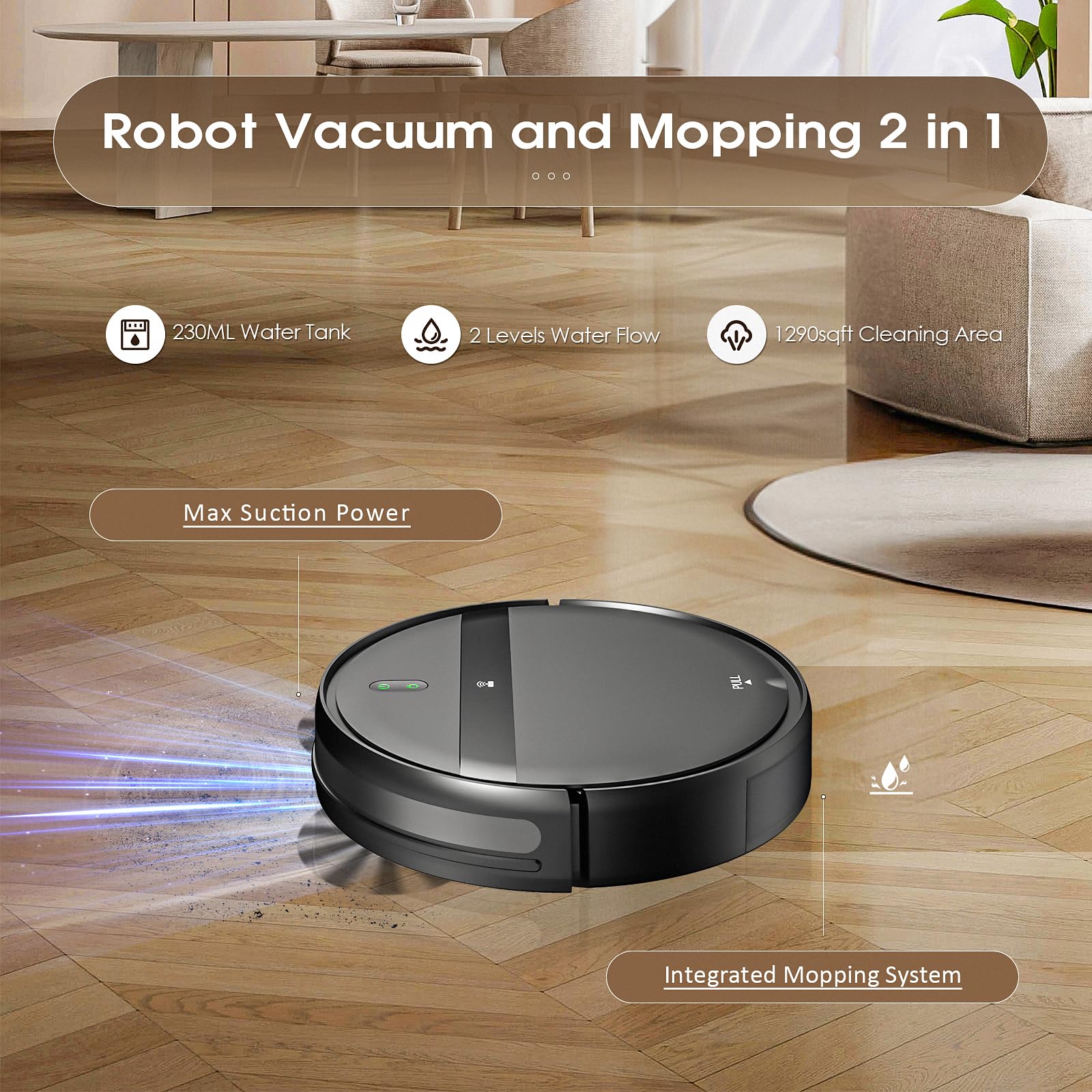 Robot Vacuum and Mop Combo,Powerful Suction, Wi-Fi/App/Remote,2 in 1 Mopping Robot Vacuum Cleaner,Dustbin and Watertank, Self-Charging,Ideal for Pet Hair,Hard Floors and Low Pile Carpet,Dark Gray - Image 6