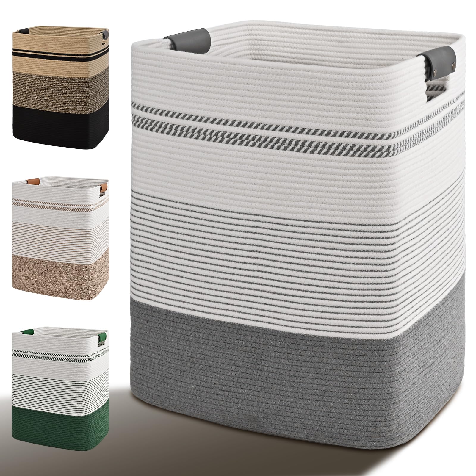 Degeyoyo Laundry Hamper, 85L Tall Laundry Basket with Leather Handles, Rectangle Large Clothes Hamper for Organizing, Cotton Woven Laundry Baskets Storage Hampers for Bedroom, Nursery, Living Room