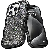 Micoden for iPhone 15 Pro Max Case, Cute Bling Glitter Sparkly for Women Girls Slim Protective Durable Curly Wave Edge Plating Shockproof Camera Protection Phone Case for iPhone 15 Pro Max, Black
