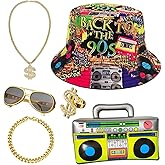 CHUANGLI 6 Pcs 80s 90s Hip Hop Costume Outfit Kit Inflatable Radio Boombox Necklace Ring Sunglasses Hat Rapper Accessories