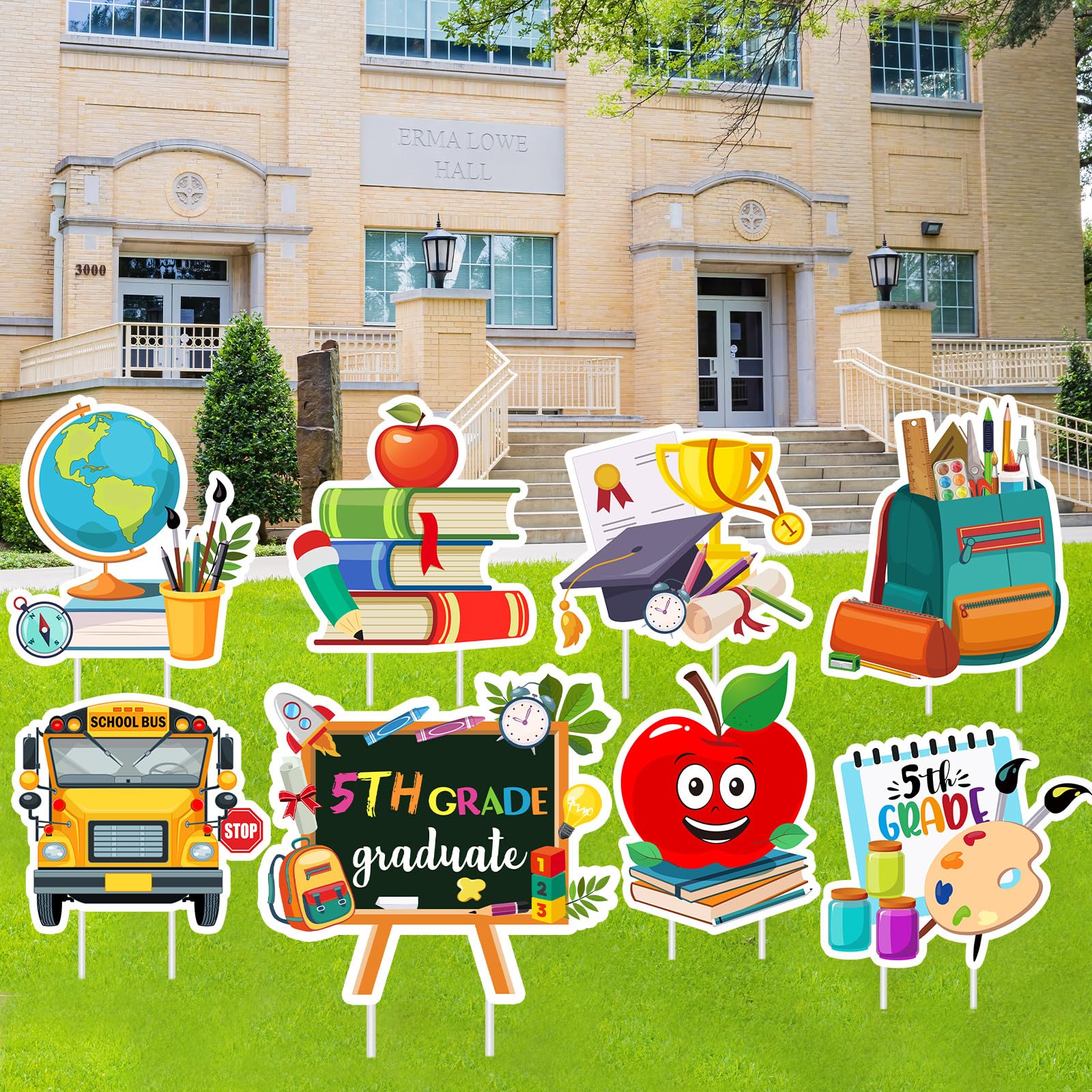 Photo 1 of Yalikop 8 Pcs 5th Grad Yard Signs Waterproof Fifth Grade Graduation Yard Sign with Stakes Plastic Congrats Graduation Outdoor Decorations for Lawn Garden Grad Party Supplies