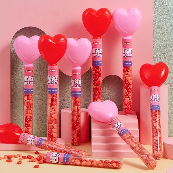 SYNCFUN 12PCS HEART SHAPE RED HARD CANDY WITH TUBE BUNDLE INDIVIDUALLY WRAPPED, SNACKS TINY STICK FOR PARTY FAVOR, REWARD PRIZES