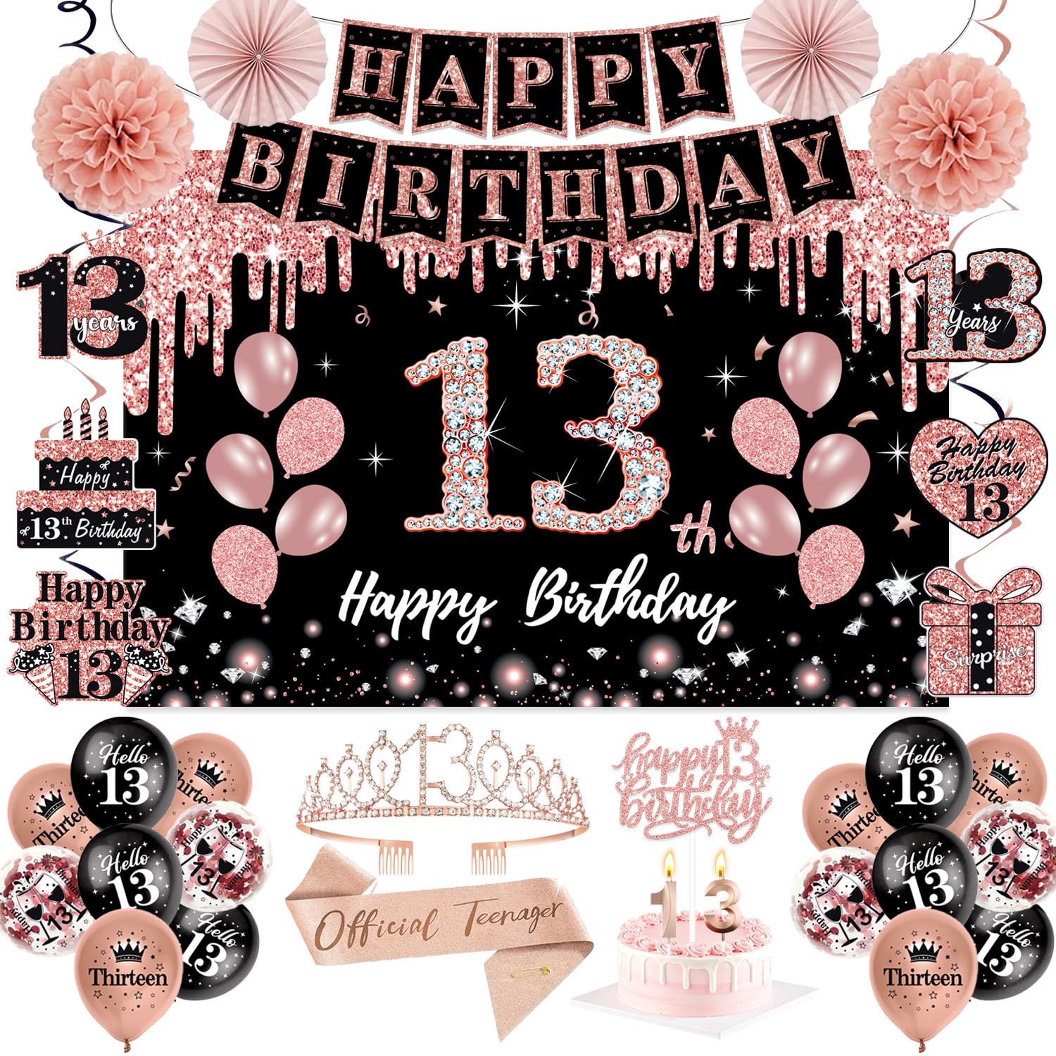 Photo 1 of 13th Birthday Decorations for Girls,51Pcs PRE-STRUNG Rose Gold Black Party Set-13 Years Old Crown and Sash,Banner Backdrop Balloons Candle Hanging Swirls Paper Fans,PRE-ASSEMBLED