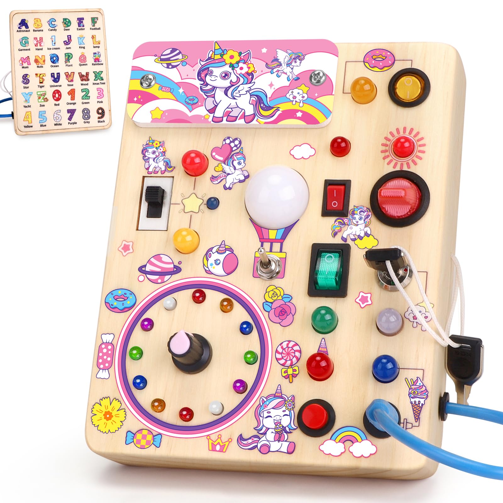 Unicorn Toddler Toys Montessori Busy Board for 1 2 3 Year old Boys Girls Wooden Toys with With 10 Switches and 23 LED Lights Switch toy Sensory Learning Toys 1 2 Year old Baby Girls Boys Gifts — image 1