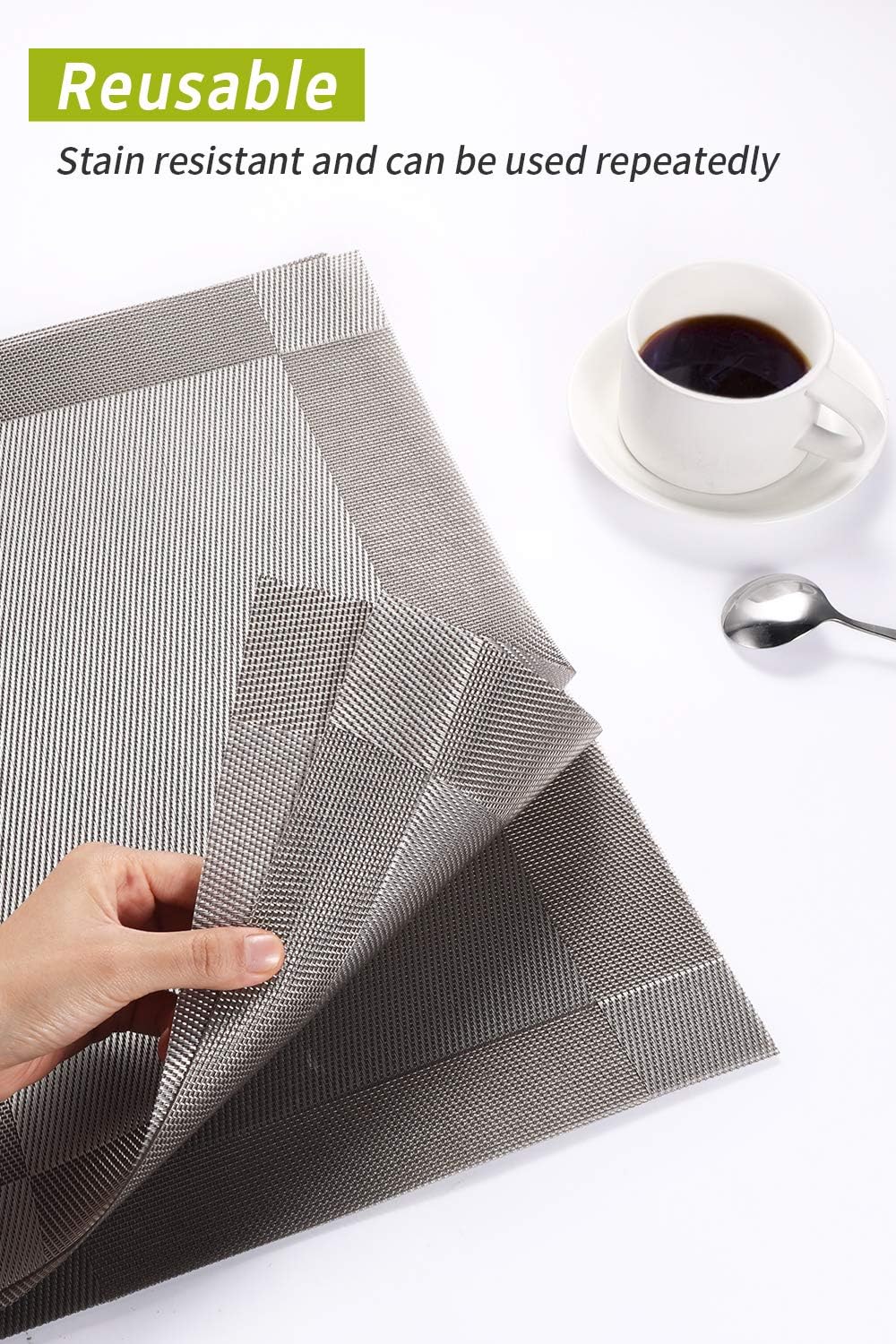 Syntus Placemats, Silver Grey PVC Woven Vinyl Table Mats Washable Non-Slip Heat Resistant for Kitchen Dinning Table Thanksgiving & Christmas, Set of 4: Home & Kitchen
