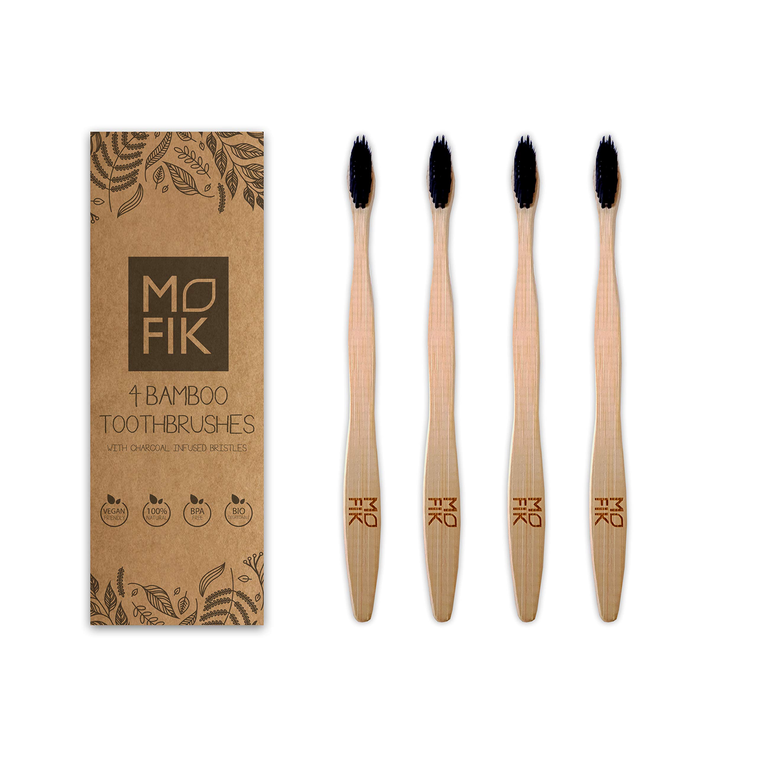 MOFIK Branded Bamboo Tooth Brushes - Fibre Charcoal Infused Bristles - Plastic Free 100% Biodegradable Vegan Friendly Made from Sustainable Antibacterial Bamboo Material