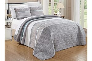 GRANDLINEN 3-Piece Fine Printed Oversize (100" X 95") Quilt Set Light Weight Reversible Bedspread Coverlet Queen Size Bed Cover (Grey, Teal Blue (More Bluish), White, Stripe)