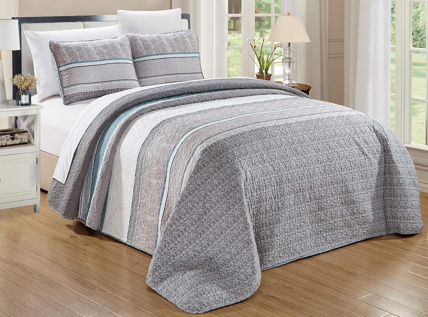 GrandLinen 3-Piece Fine Printed (90" X 88") Quilt Set Reversible Bedspread Coverlet (Double) Full Size Bed Cover (Grey, Teal Blue, White, Stripe)